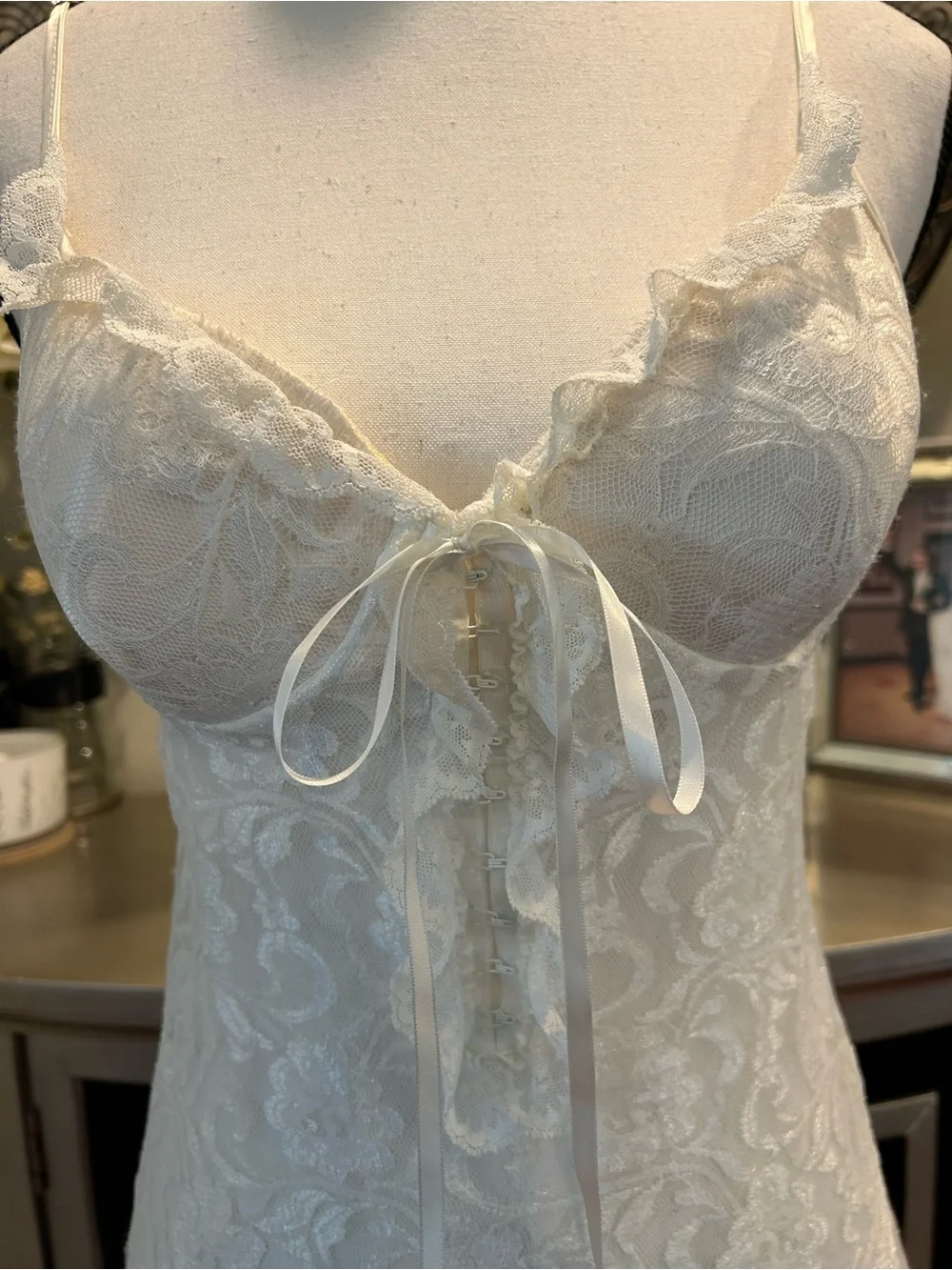 Delicate Lace Chemise Slip in Ivory with Ribbon Tie